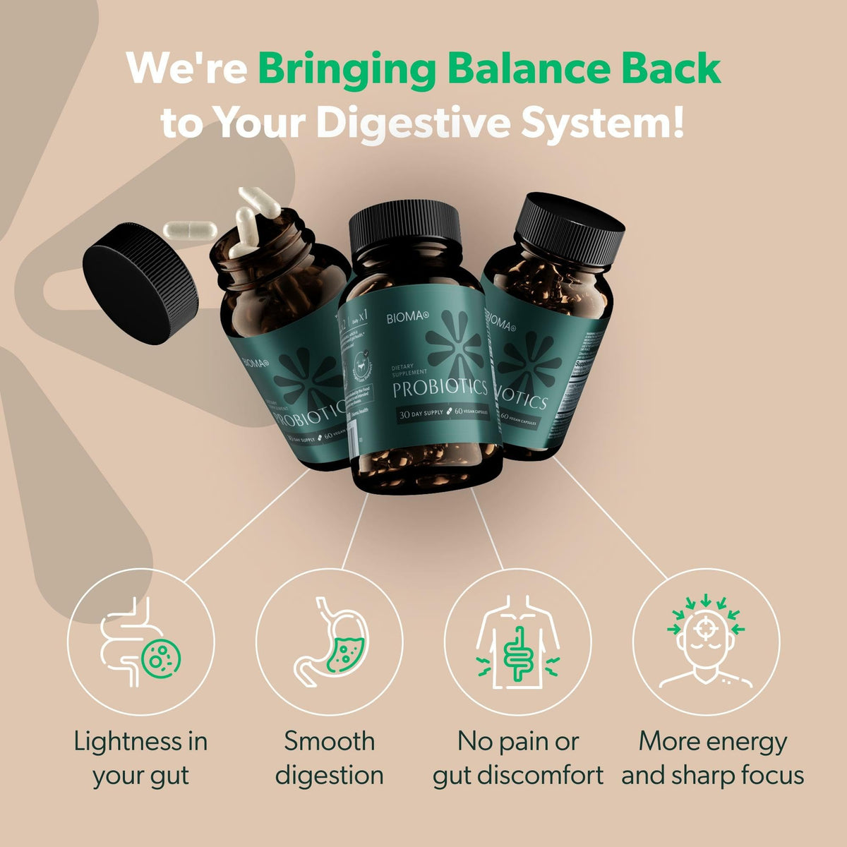 Bioma Probiotics for Digestive Health 3-in-1 Gut Health Formula 60 Capsules