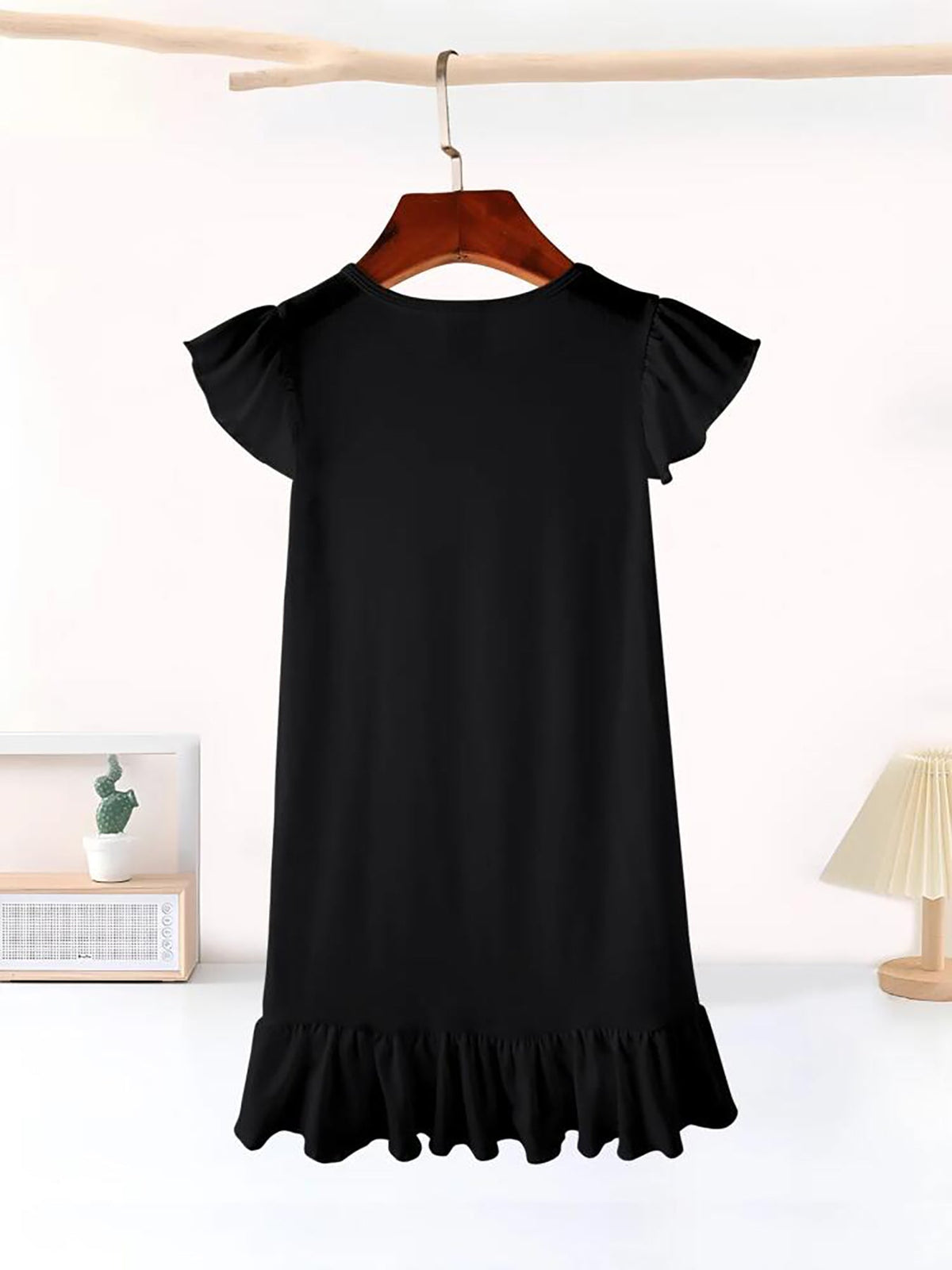 Mermaid at Heart Flutter Sleeve Short Black Dress for Girls (Front Printing)