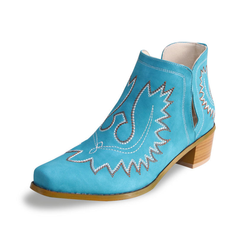Pointed Embroidered Chunky Heel Ankle Boots