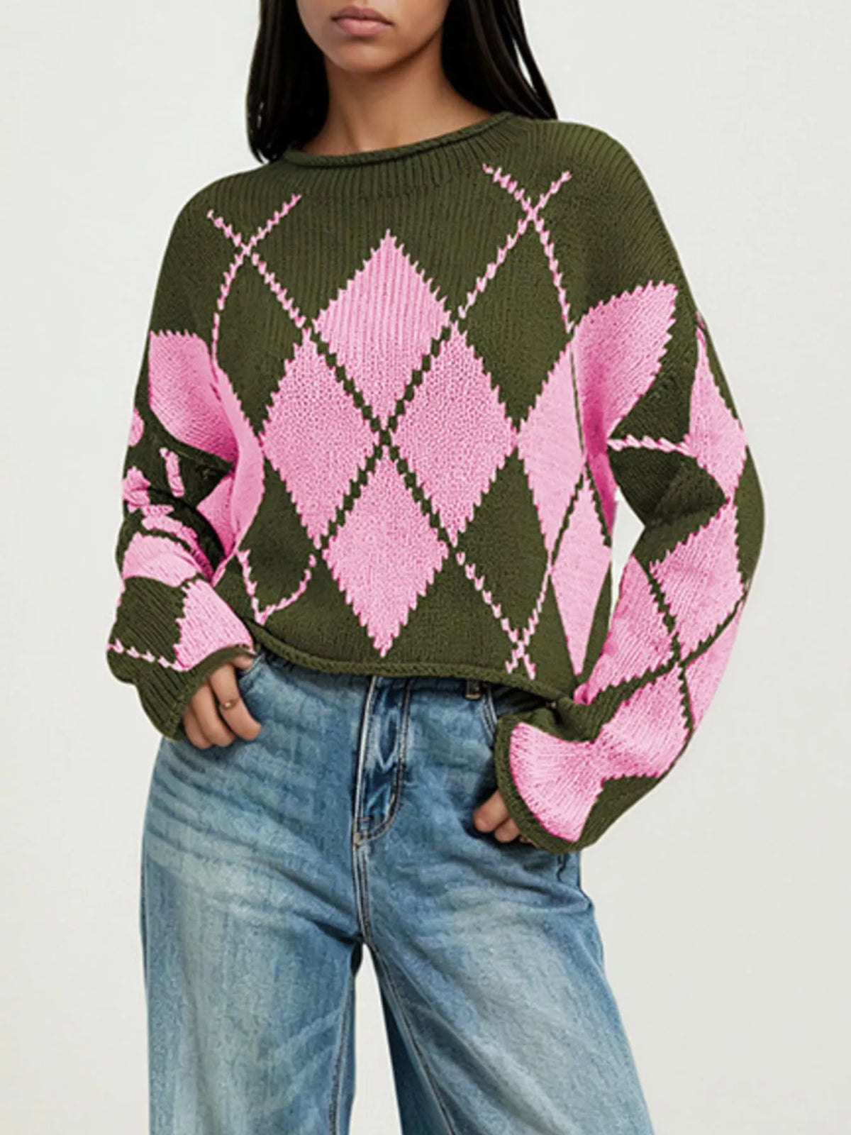 Argyle Pattern Knit Dropped Shoulder Sweater