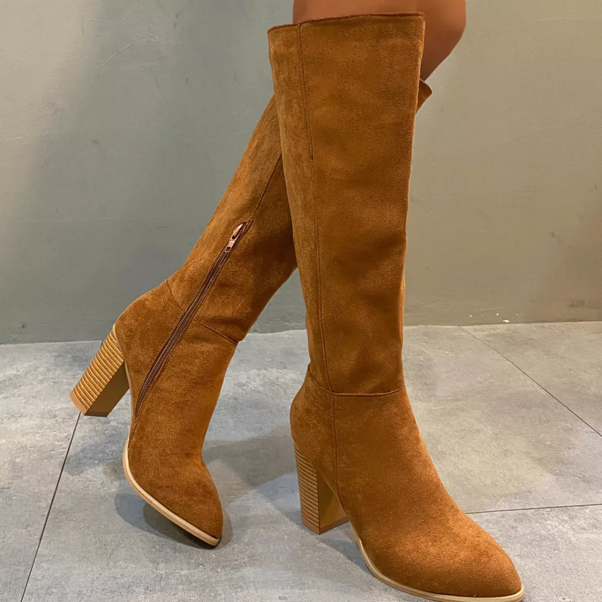 Point Toe Knee-High Suede Block Heel Boots