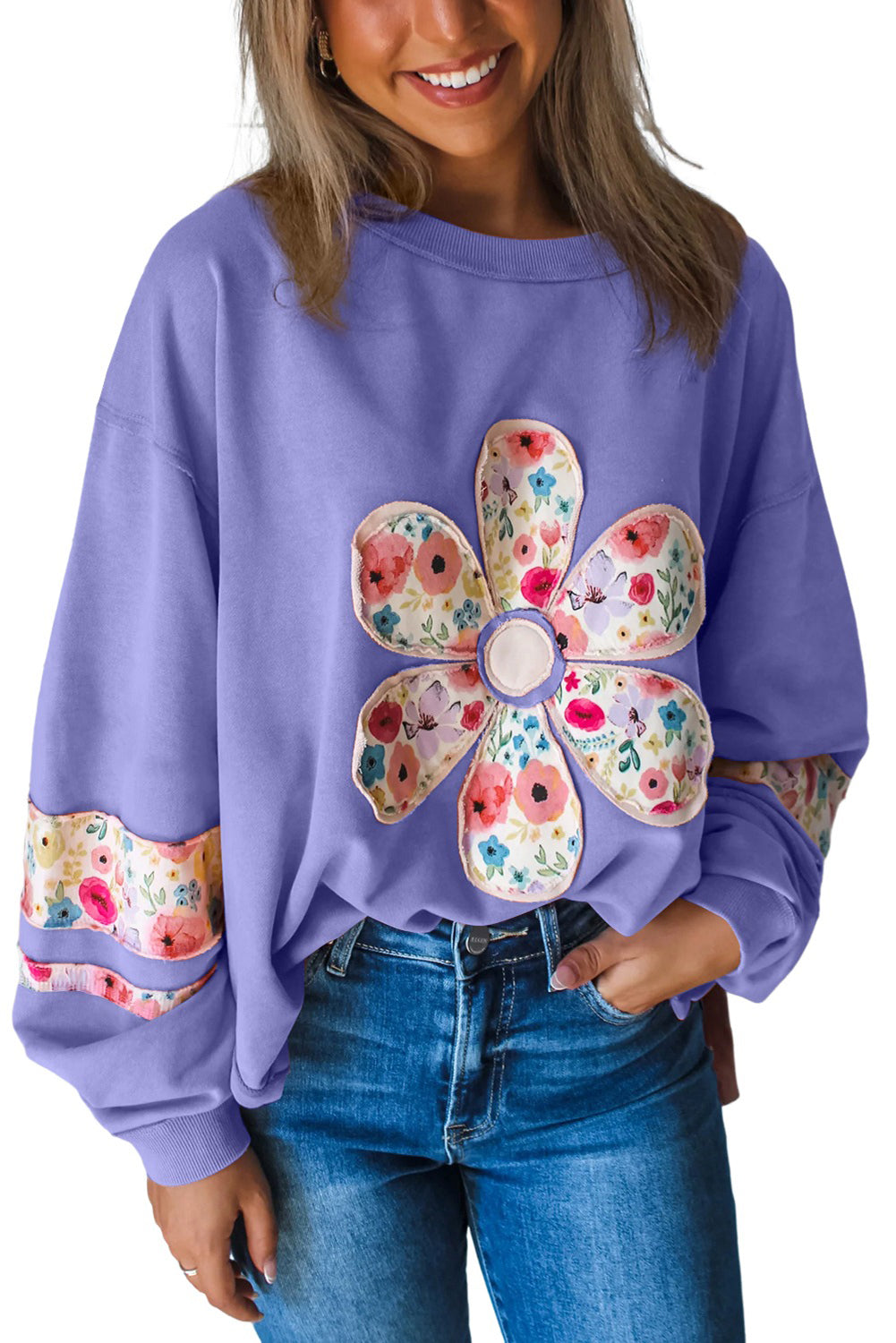 Sudadera tipo jersey con apliques de flores de glicinia y mangas caídas en patchwork