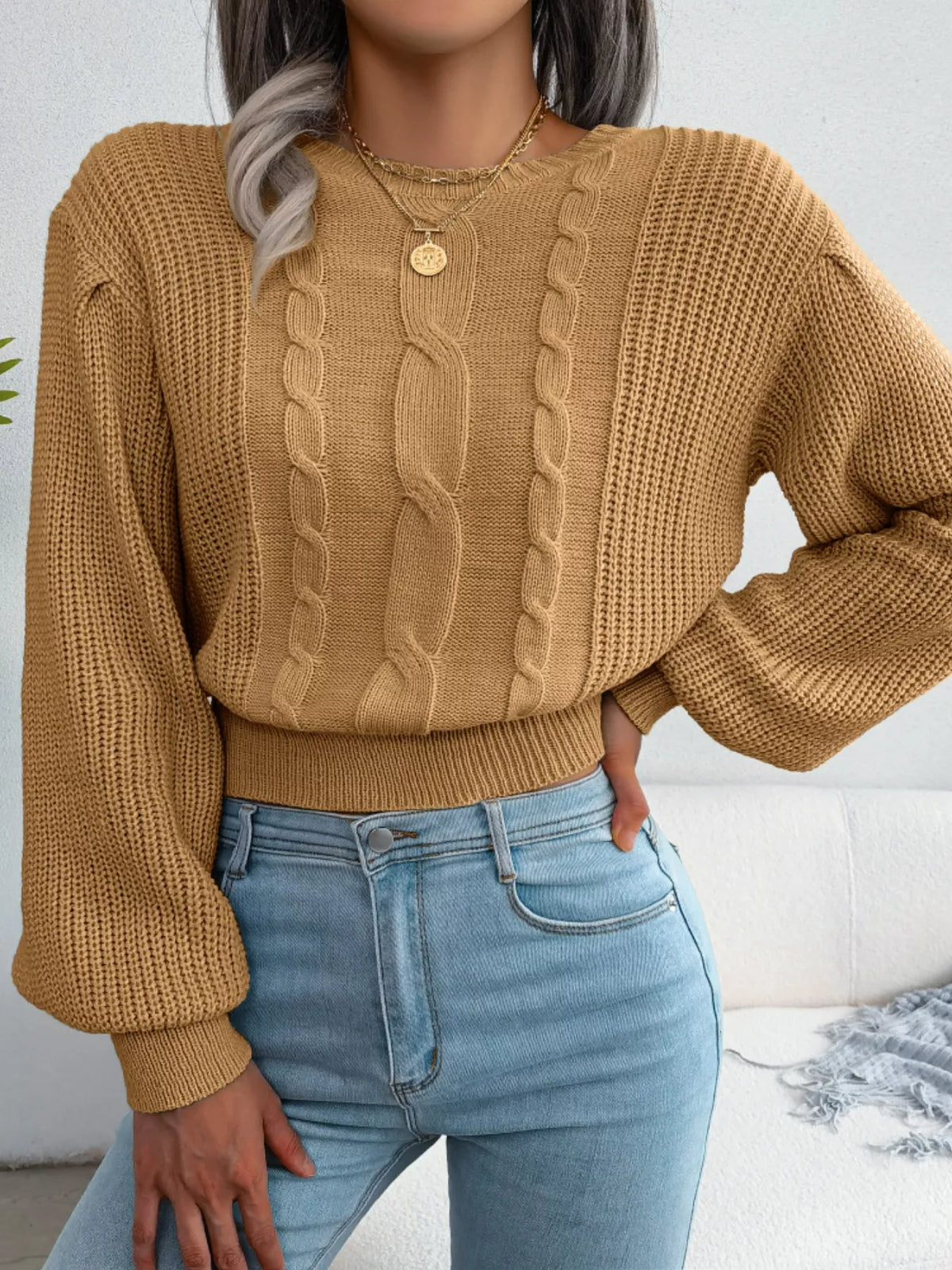 Cable Knit Round Neck Cropped Sweater