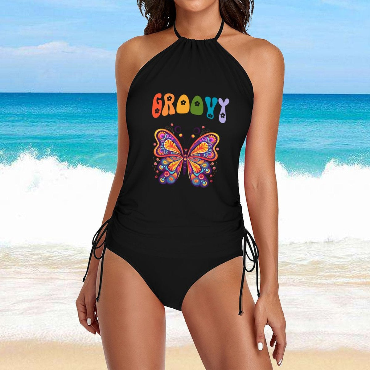 Groovy Butterfly Halter Neck 2-Piece Swimsuit Set for Women (Made in USA)