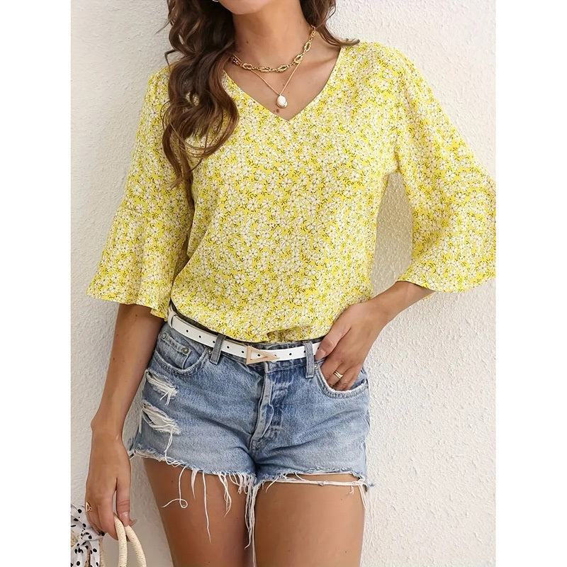 Blusas de verano con estampado floral y cuello en V para mujer con manga acampanada