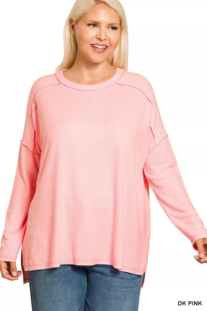 Zenana Camiseta Melange Hacci de Talla Grande con Costuras Vistas y Bajo Alto-Bajo