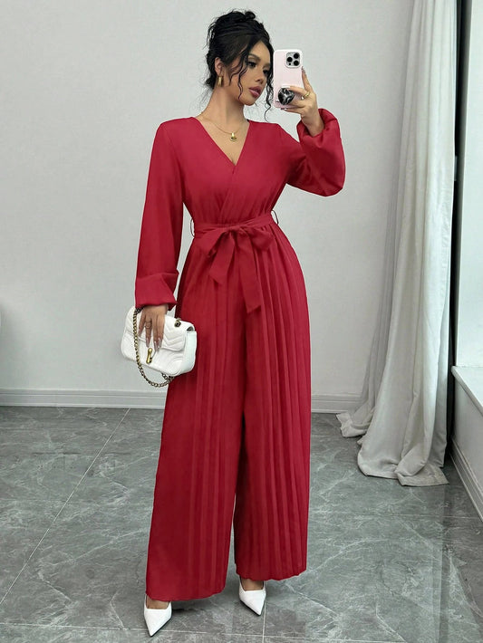 Mono plisado en V de color liso con cordones y cintura alta informal