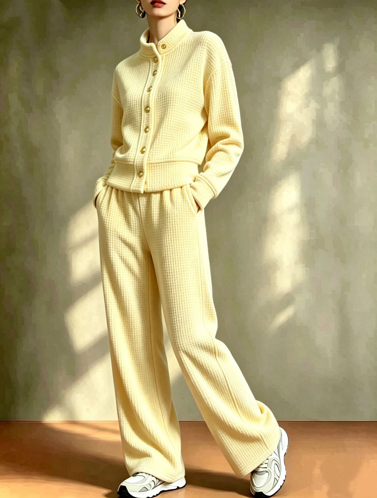 Women's Waffle Stand-Collar Cardigan & Wide-Leg Pants Set