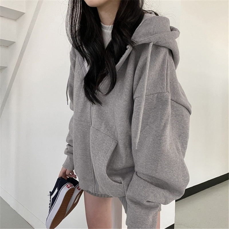 Women's Fashionable Zippered Plus-Size Hooded Jacket