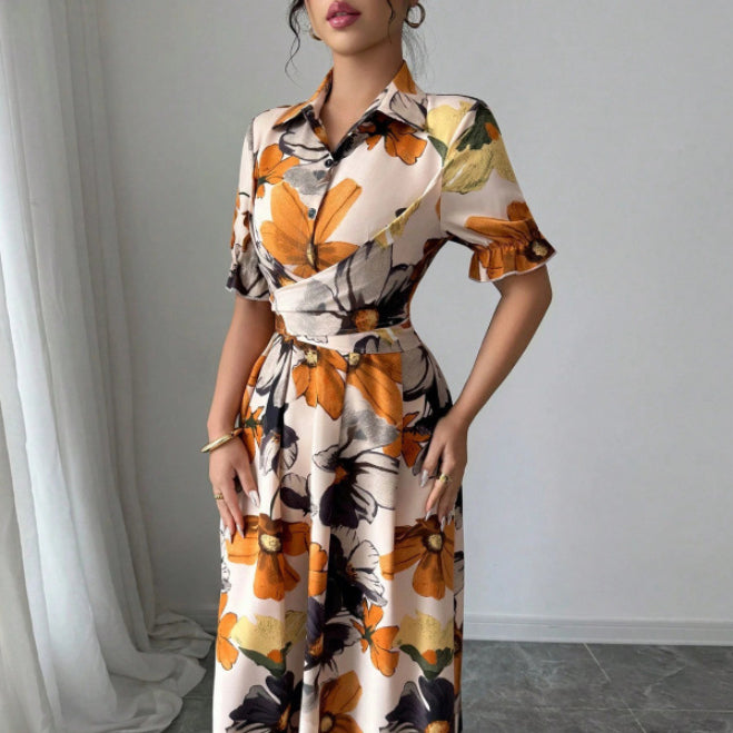 Vestido estampado de mujer con mangas abullonadas – Estilo con cuello de blusa y lazo en la cintura