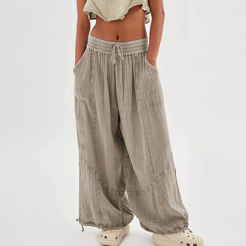 Pantalones de pernera ancha de color liso para mujer – Cintura elástica con cordón y bolsillos laterales
