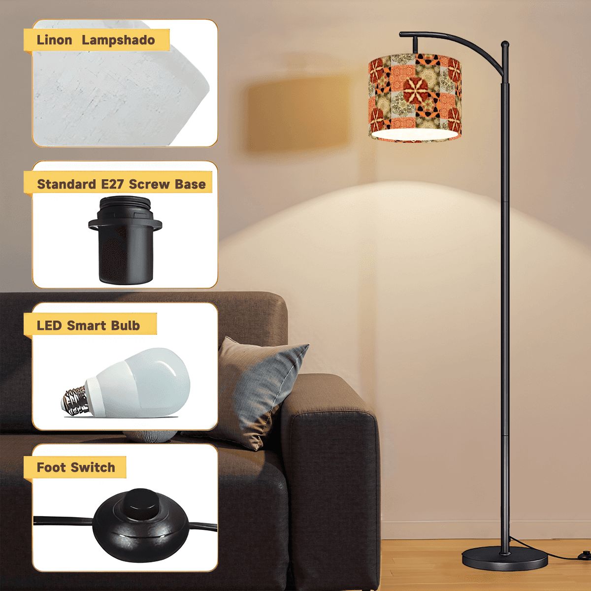 Heritage Revival Quilt Design Arc Floor Lamp (Made in USA)