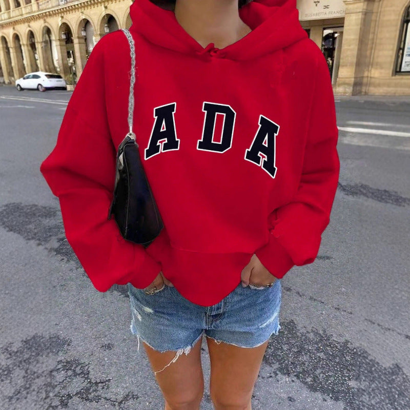 Casual And Versatile Letter Loose Hoodie With Fleece Lining For Women