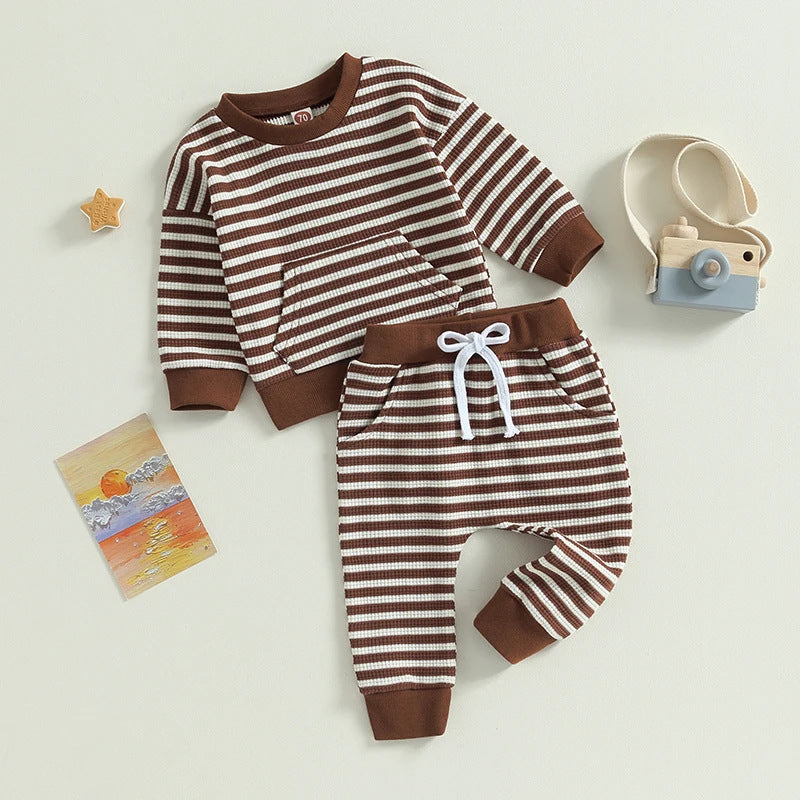 Striped Pocket Sweatshirt Lace-up Sweatpants Children Suit