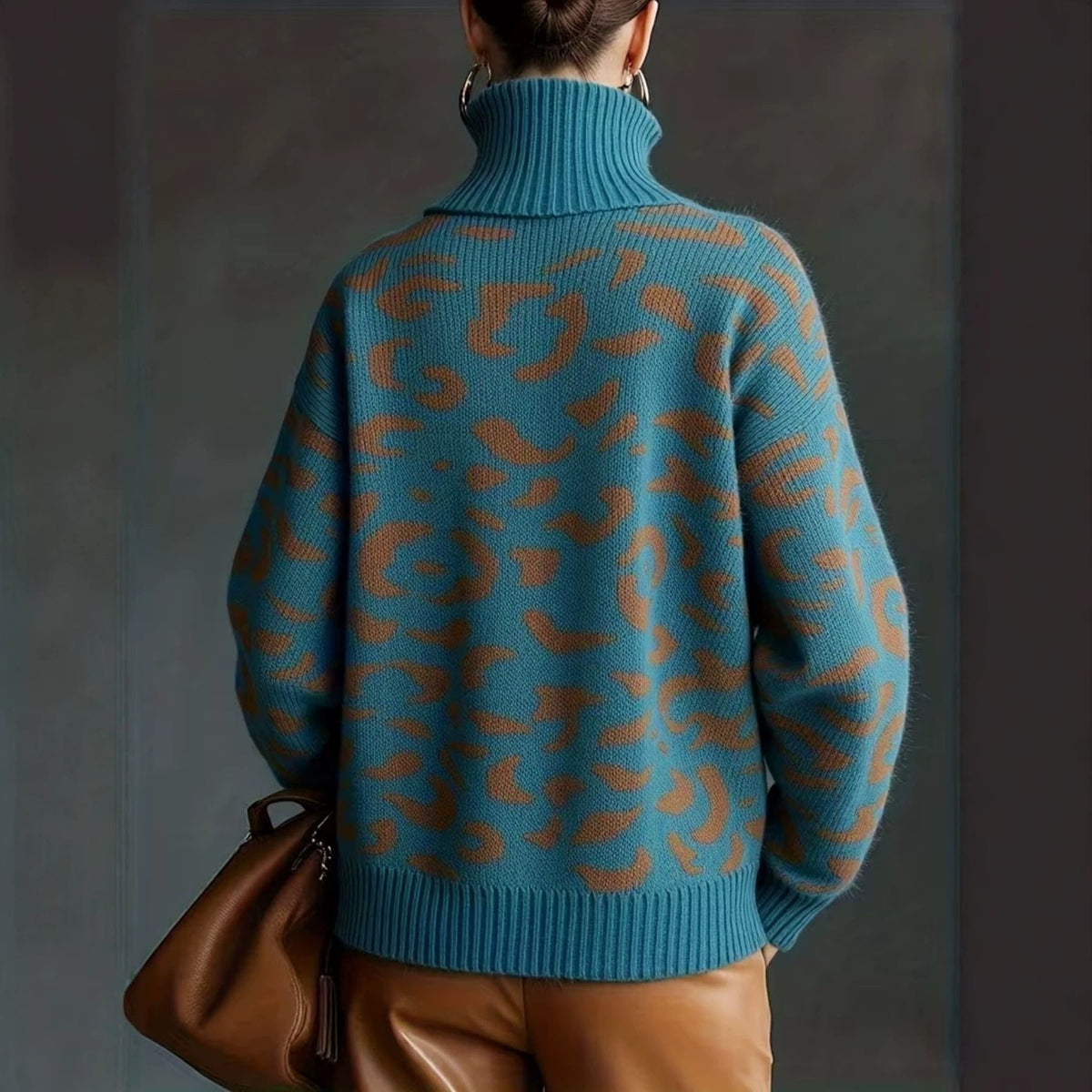 2026 New Women Leopard Print Knitted Sweater, Fall Winter Oversized Loose Turtleneck Pullover, Casual Warm Knit Top