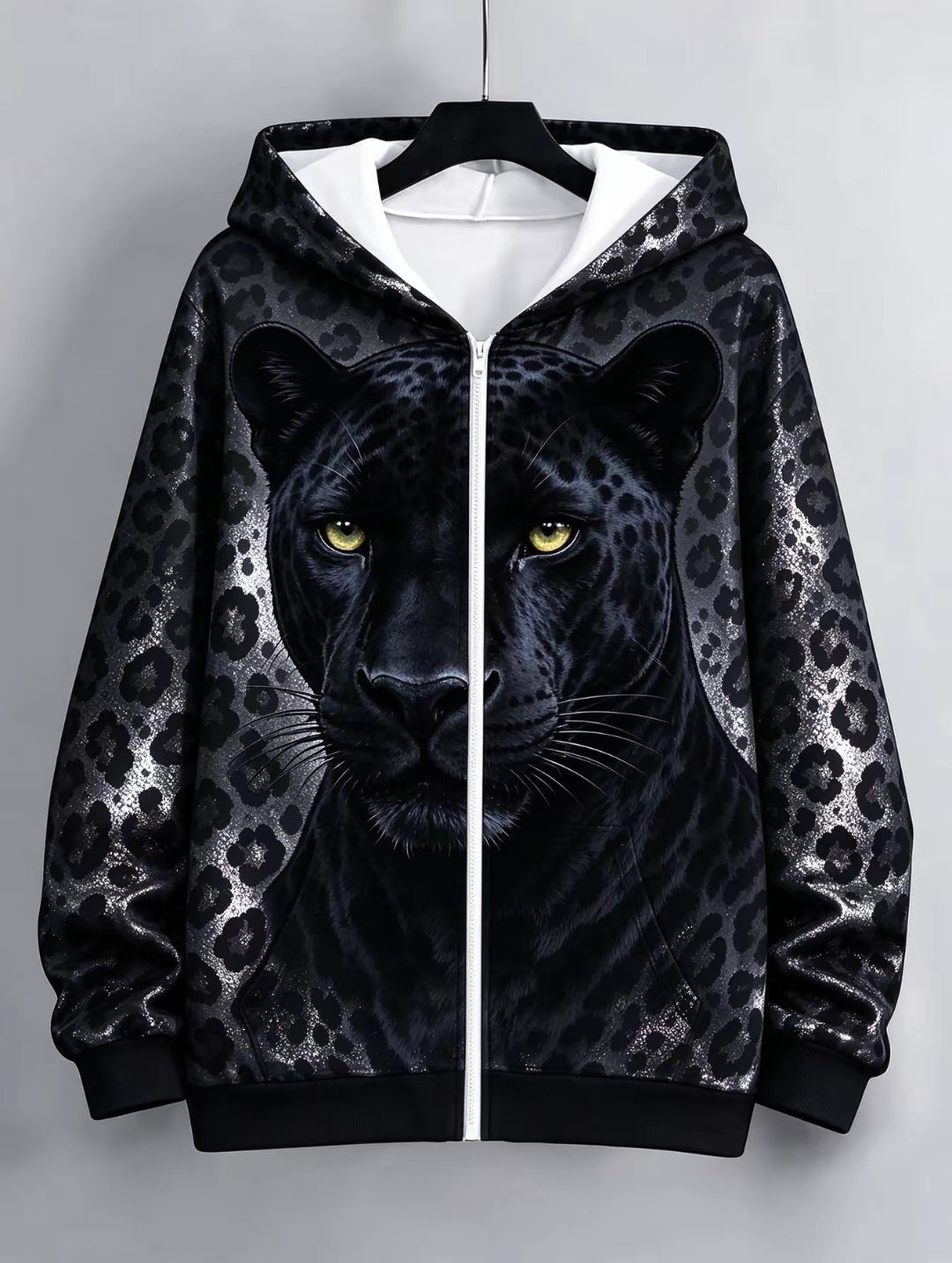 Women's European American Style Zip Up Hooded Cardigan Sweatshirt, Big Face Animal Print, All Over Leopard Print, Loose Casual Trendy Jacket