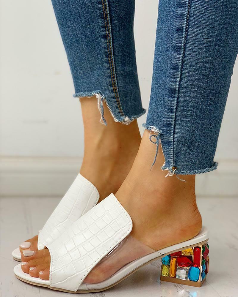 Fish Mouth Rhinestone Thick Heel Sandals