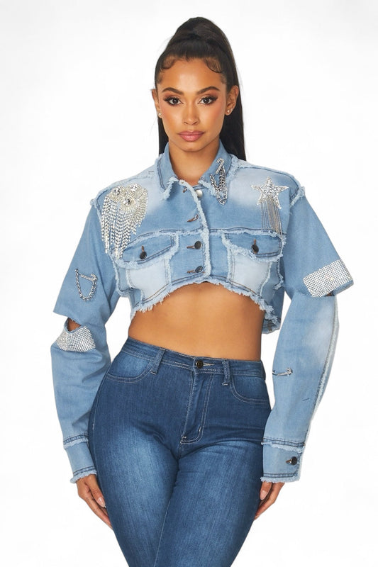 Chaqueta vaquera corta Medley con detalles de pedrería