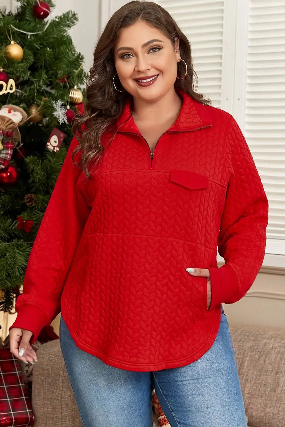 Love Salve Women's Plus Size Cable Knit Pullover — Quarter Zip Sweater