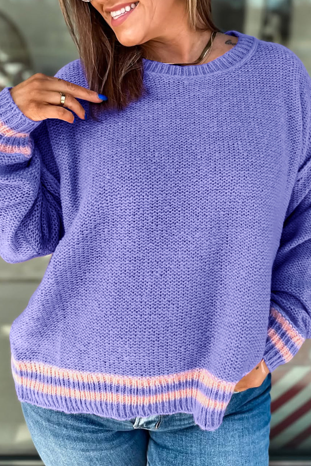 Wisteria Plus Size Striped Trim Drop Shoulder Knit Loose Sweater