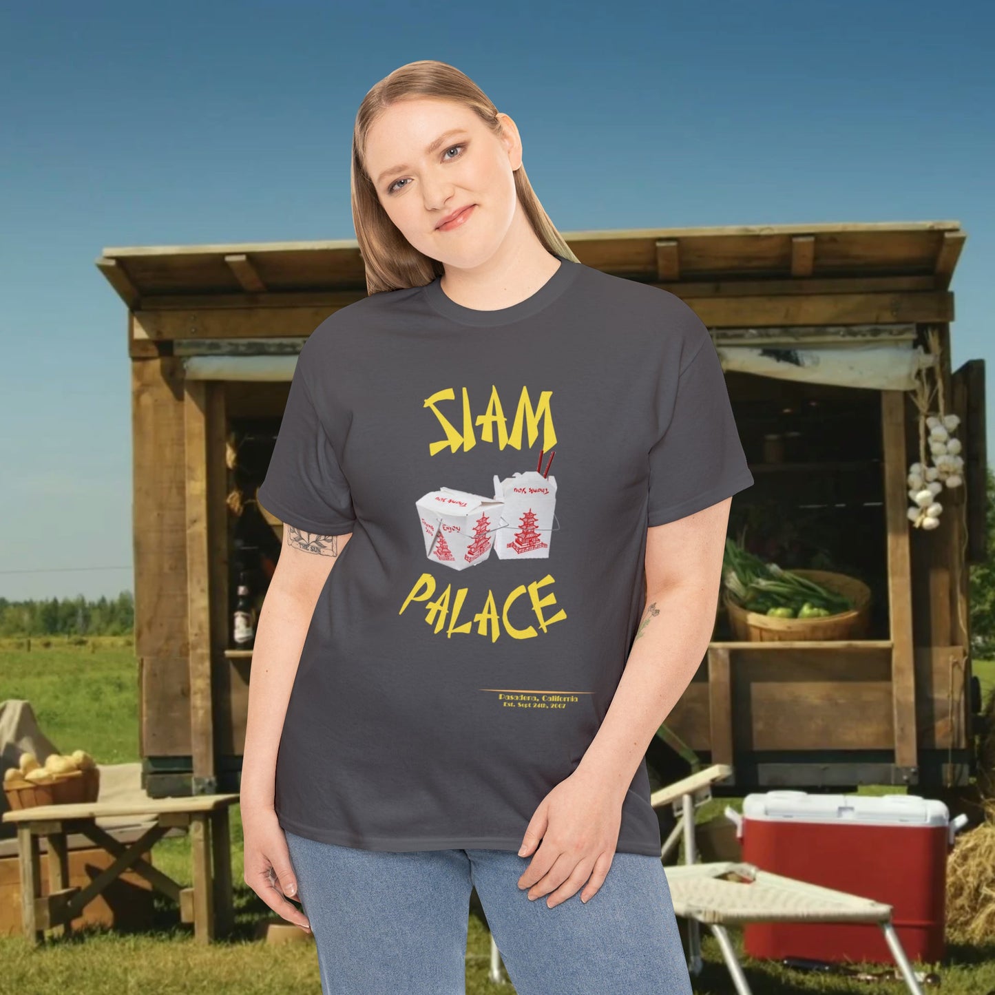 "DirkyThreadz Siam Palace T-Shirt - Bold Takeout Graphic Design in Black Cotton"