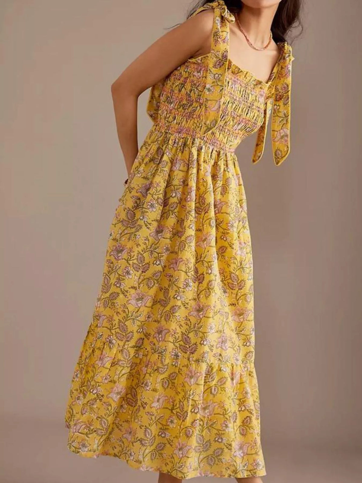 Floral Smocked Tie-Shoulder Midi Dress