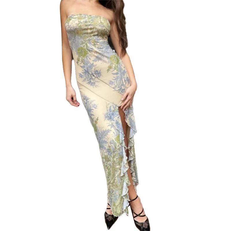 Printed Thigh Split Tube Top Dress