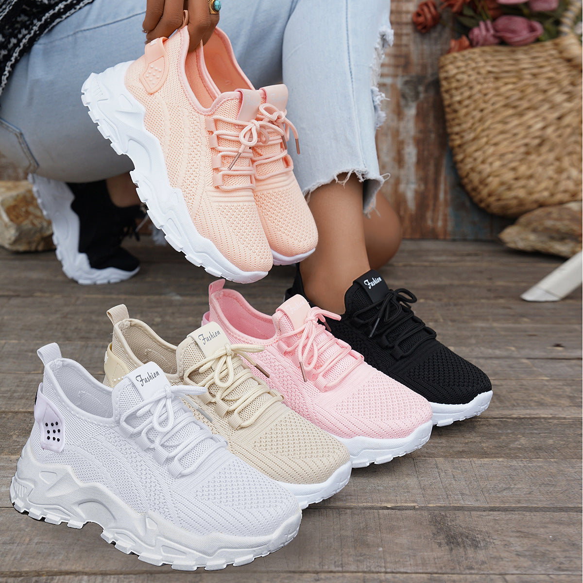 Flyknit Mesh Sneakers Women's Thin Breathable Sports Casual Shoes
