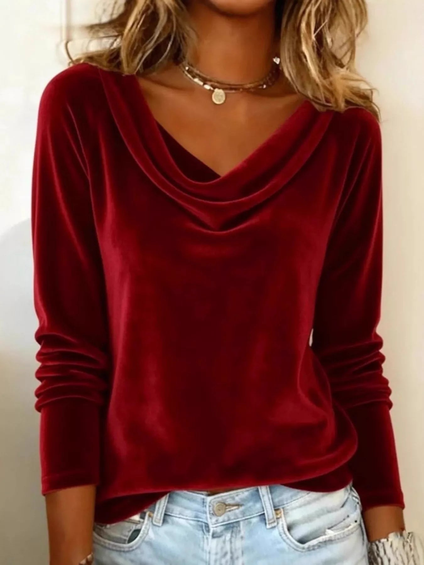 Velvet Cowl Neck Long Sleeve Top