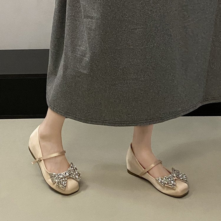 French Style Mary Jane Shoes For Women, New Rhinestone Bow Elegant Fashion Flats