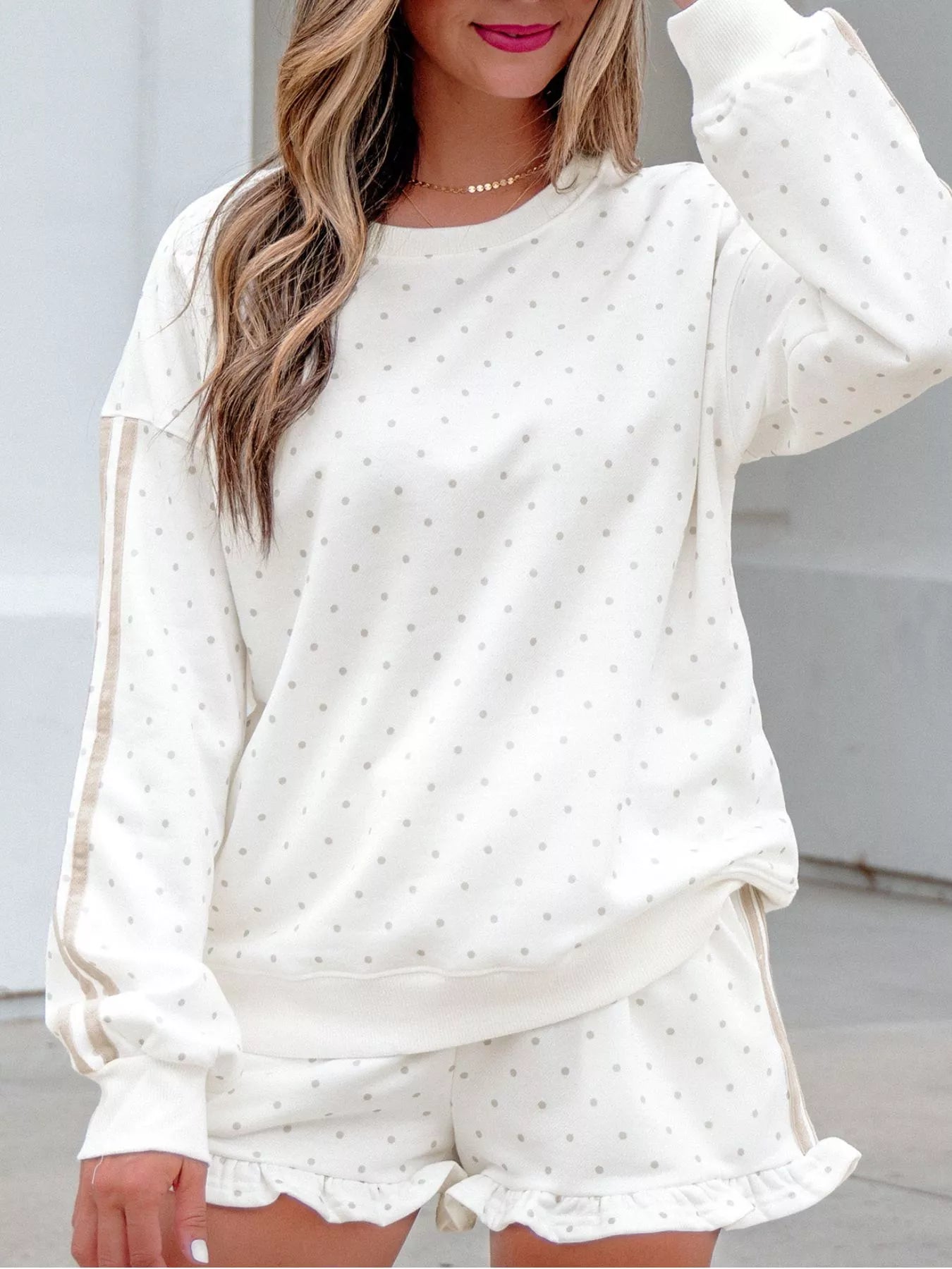 Polka Dot Long Sleeve Sweatshirt and Shorts Set