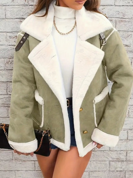Lapel Plush Jacket, Winter Warm Casual Outwear, Women's Clothing