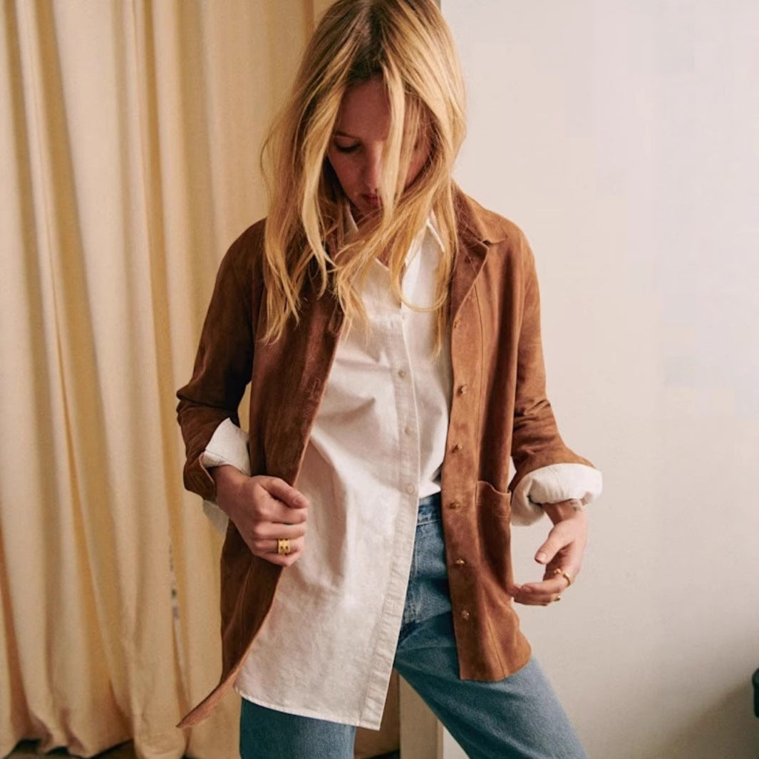 Shawl-collar Suede-like Faux Leather Shirt Jacket