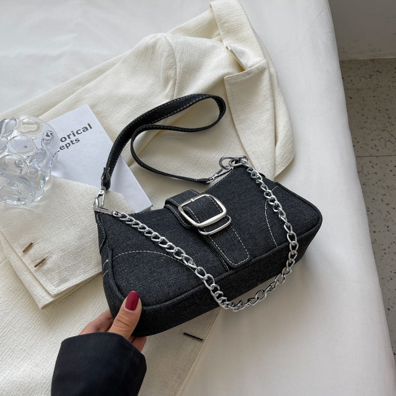 Women's Denim Crossbody Bag with Chain Detail