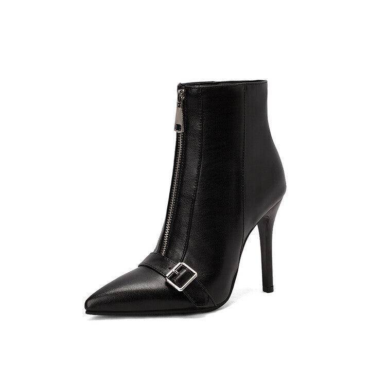 Women's Belt Buckle Front Zipper High-Heel Boots
