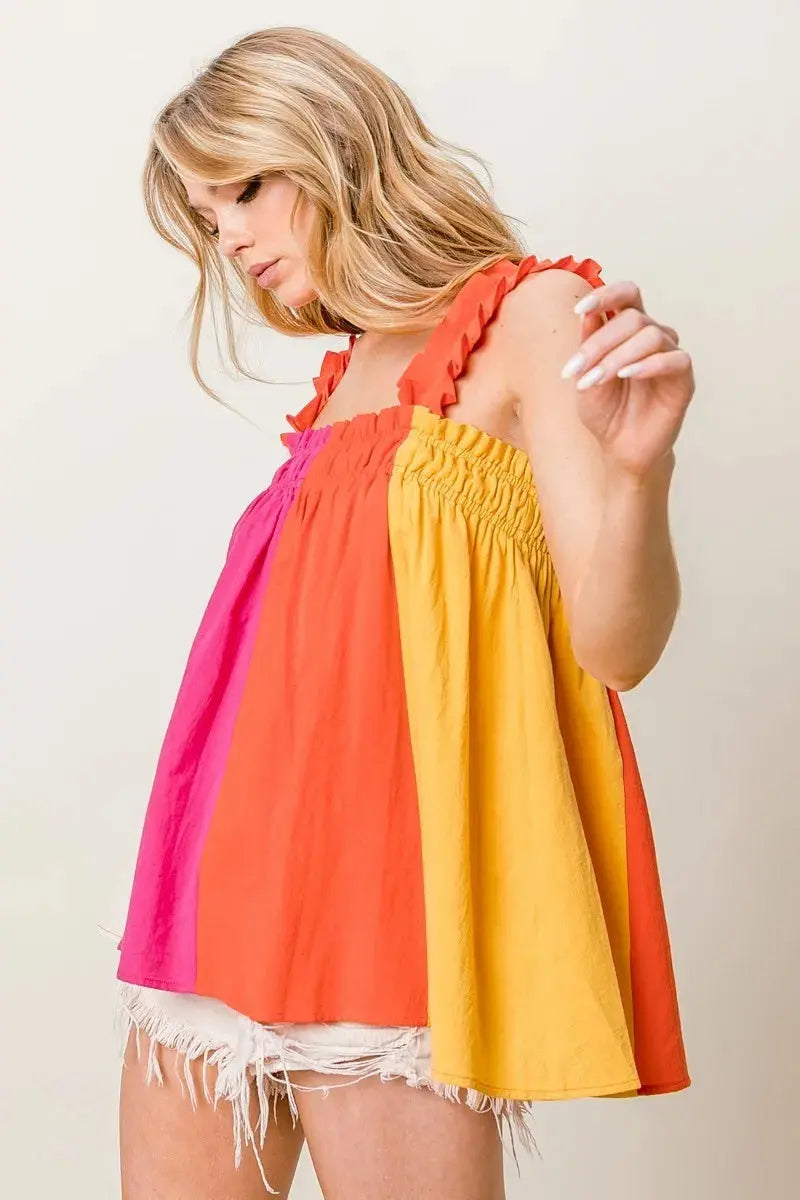 Tank Top - Color Block Frill Straps - Women's Casual