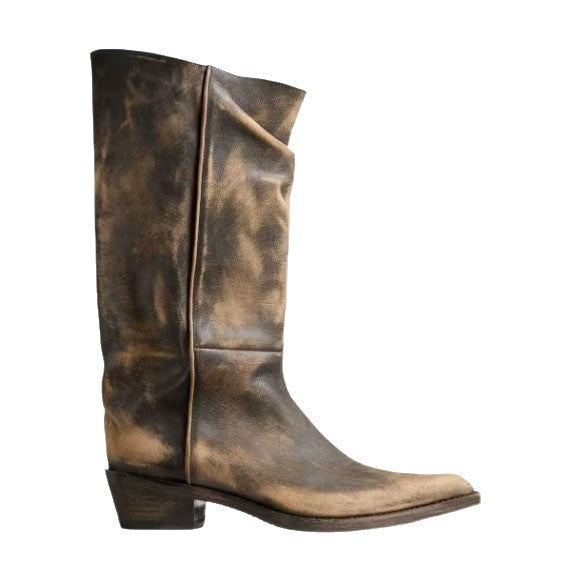 Retro Mid-heel Boots With Pleated Detailing And A Distressed Finish Slip-on Style