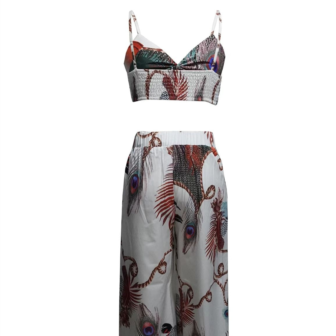 Conjunto de pantalón estampado de plumas para mujer