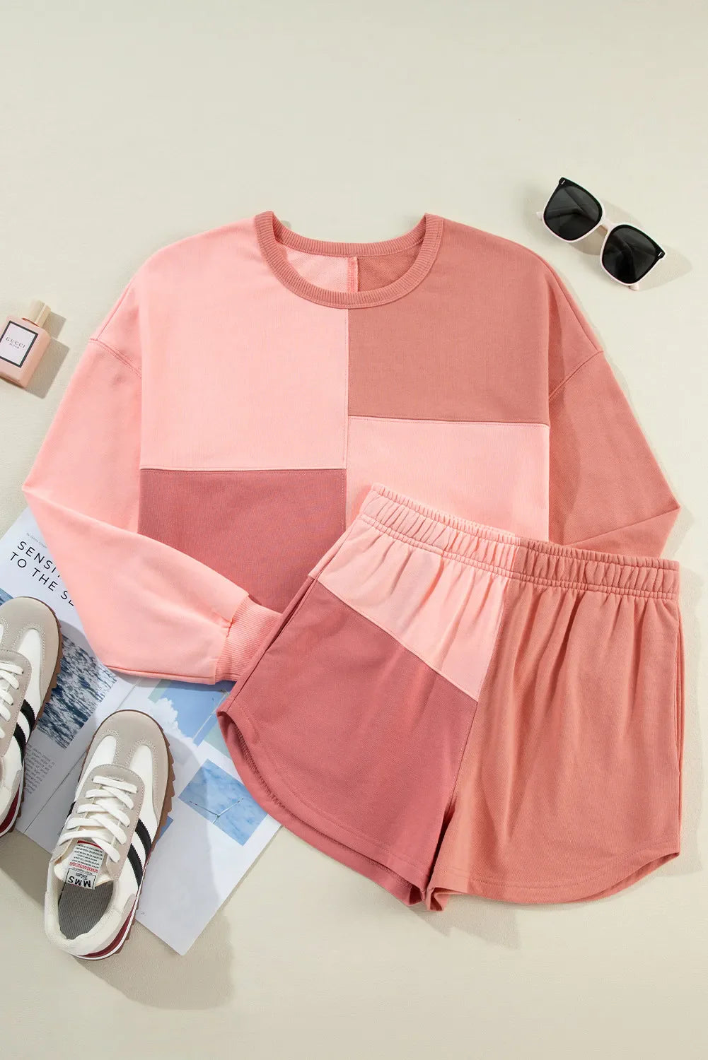 ChicStyle Color Block Round Neck Top and Shorts Set – Stylish Two-Piece Outfit