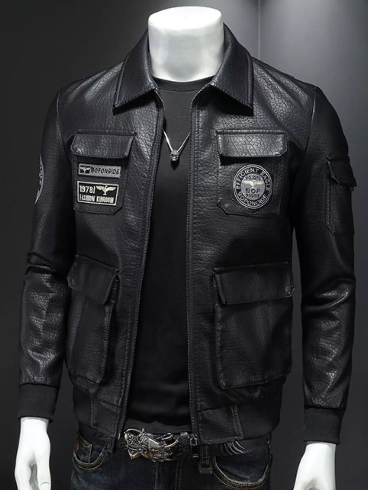 Men's Plus Size Zip Up Leather Bomber Jacket