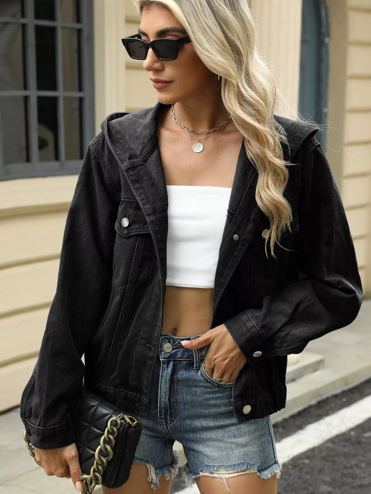 Washed Button Up Hooded Denim Jacket