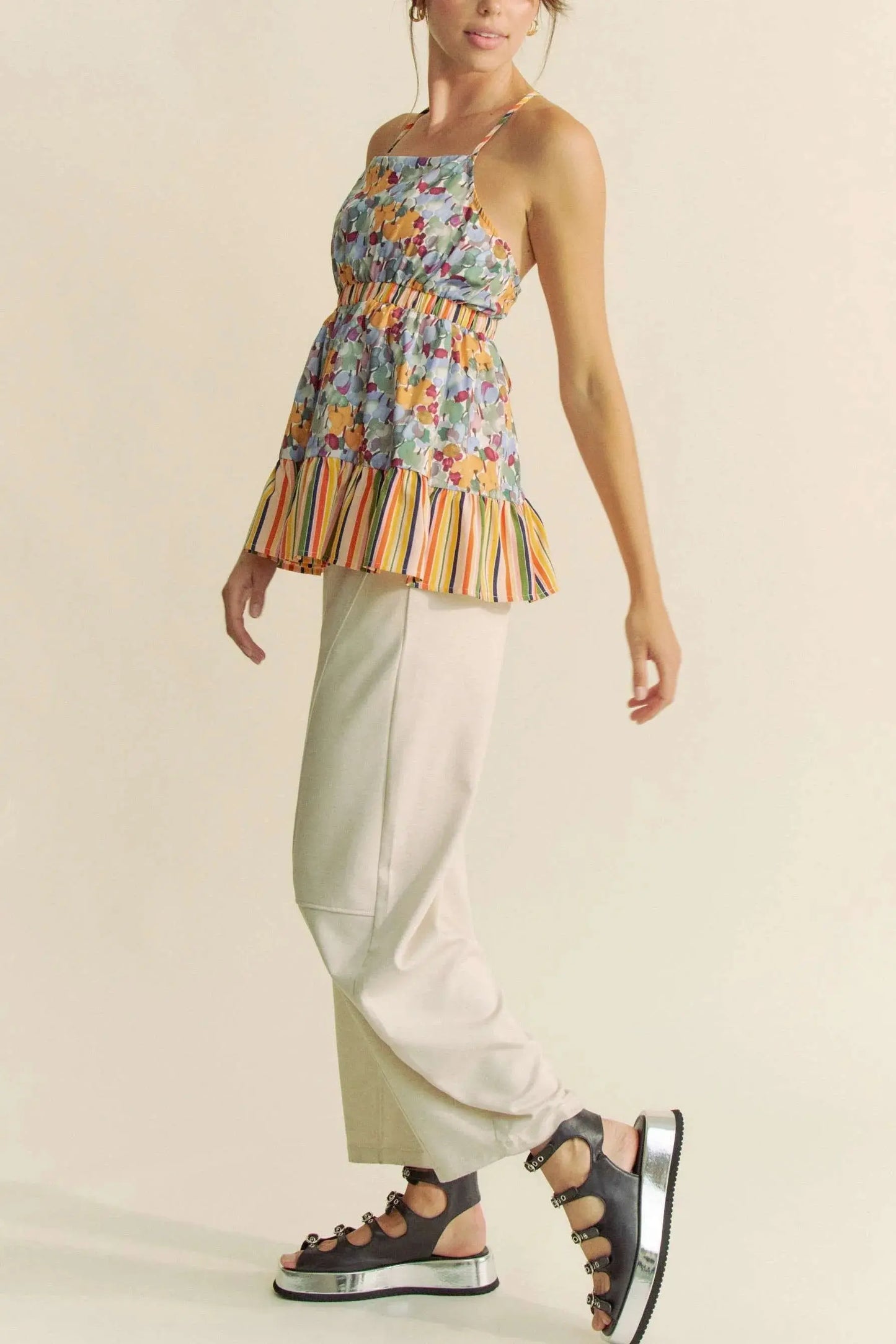 Women's Tank Top Tank Top - Floral Smocked Ruffle - Summer Casual Tie Back