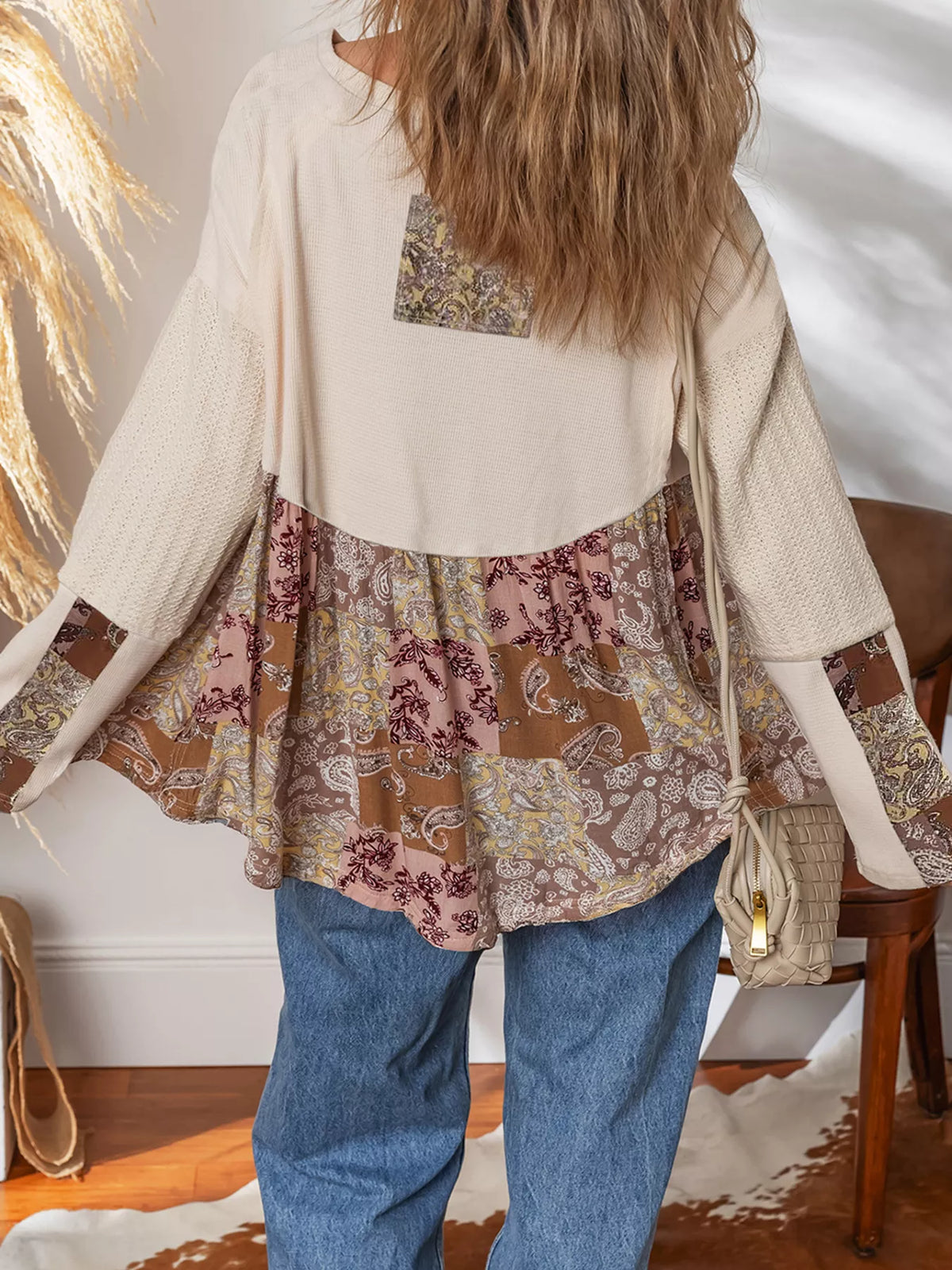 Paisley Ethnic Print Contrast Patchwork Long Sleeve Loose Top