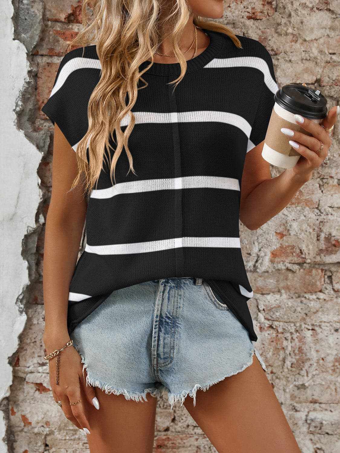 Sweaters Trendsi Chic striped knit top - round neck, short sleeves