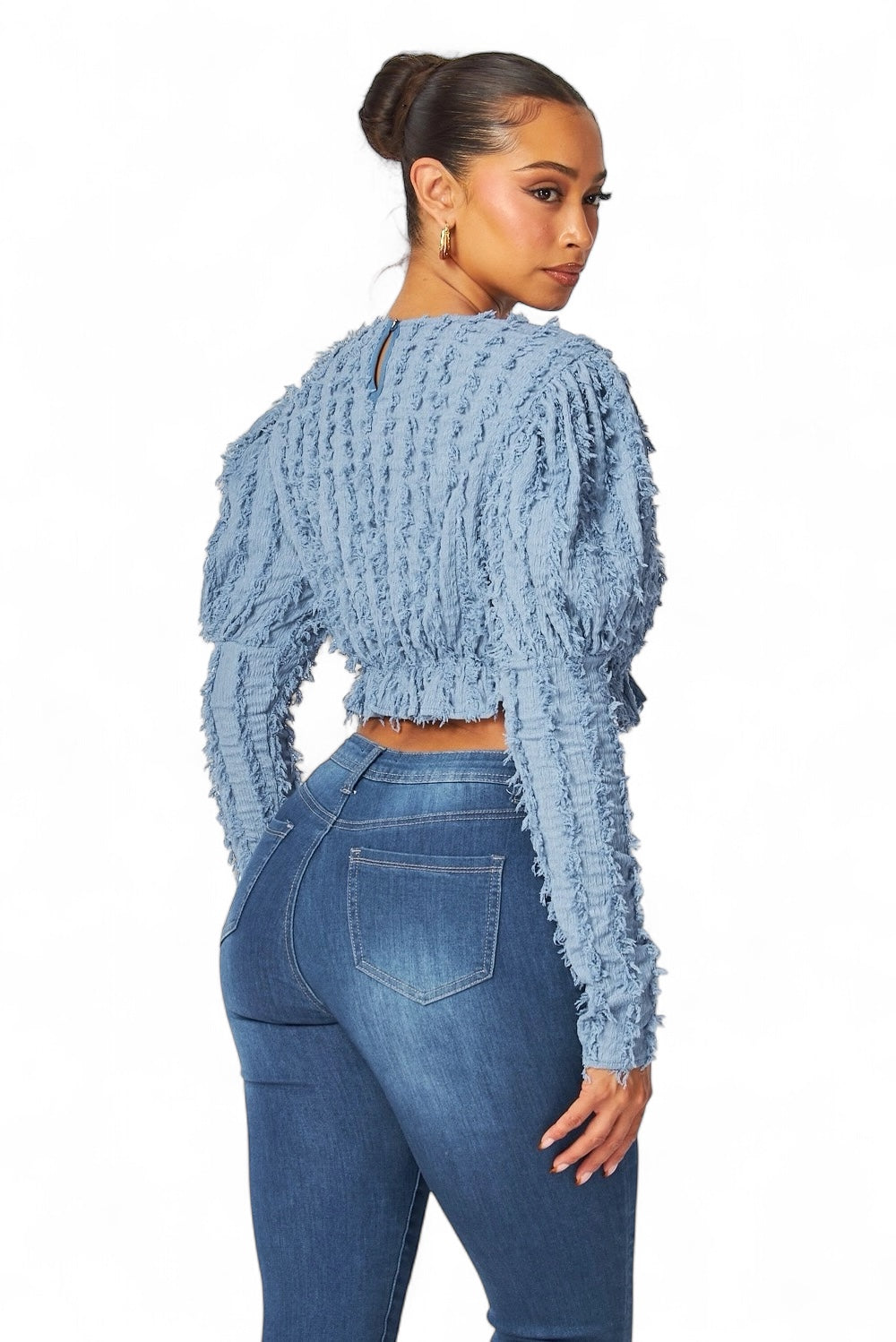 Top corto peplum Alexandria Puff de manga larga y peludo