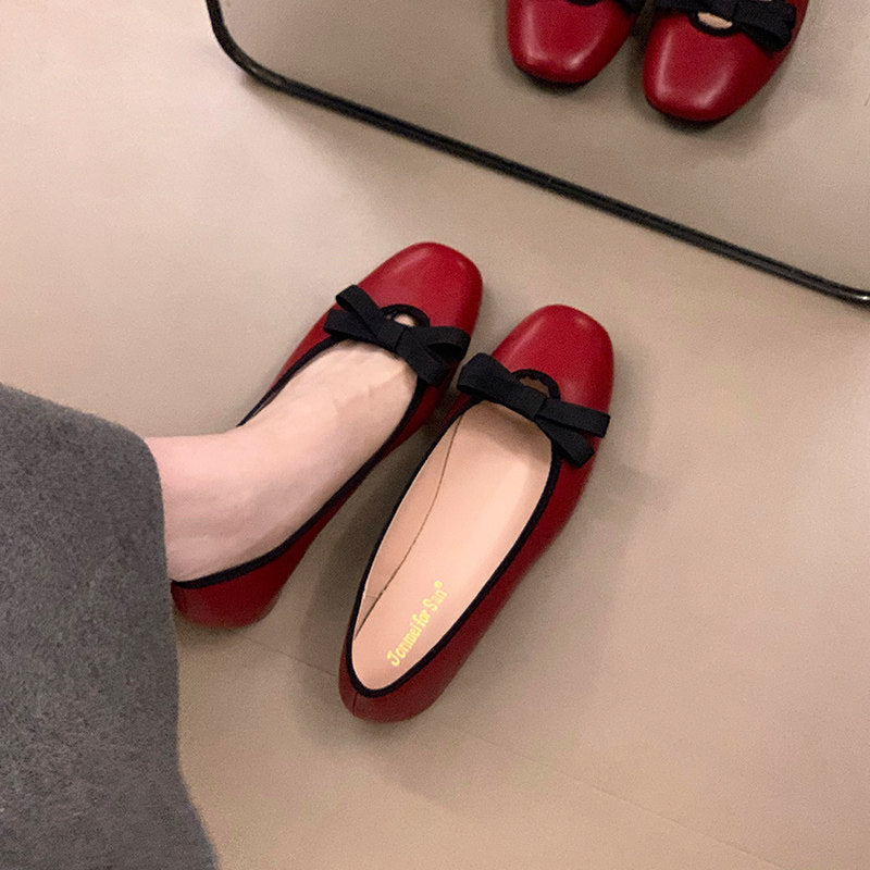 Women Elegant Round Square Toe Hidden Height Flats, Bow Decor Mary Jane Slip On Ballet Shoes, Matching Dress Casual Footwear 2026