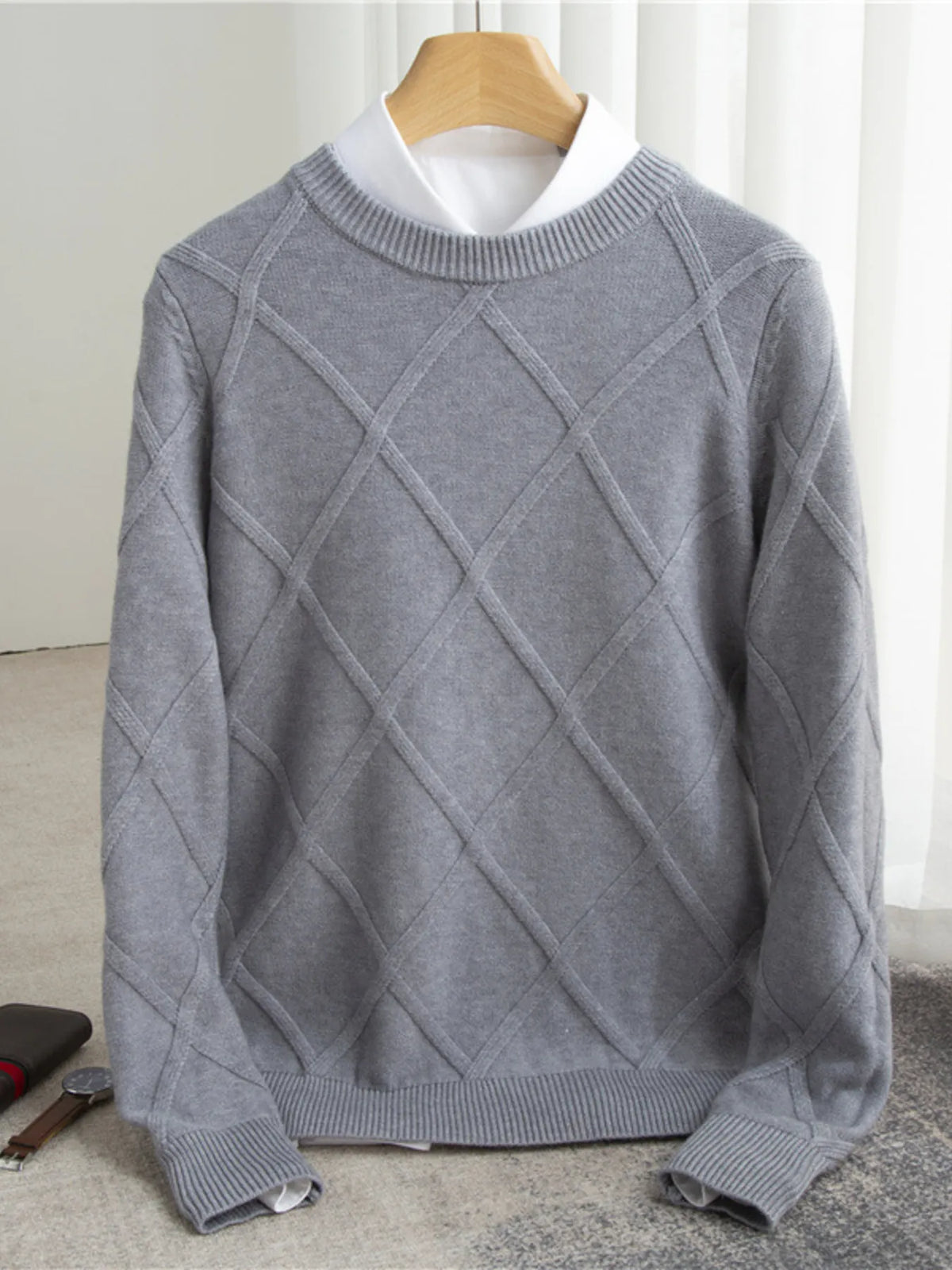 Men's Full Size Diamond Pattern Long Sleeve Sweater Plus Size