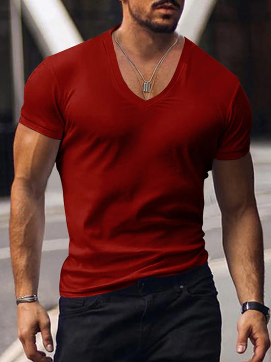 Camiseta de hombre de manga corta y cuello de pico, estilo básico, talla grande