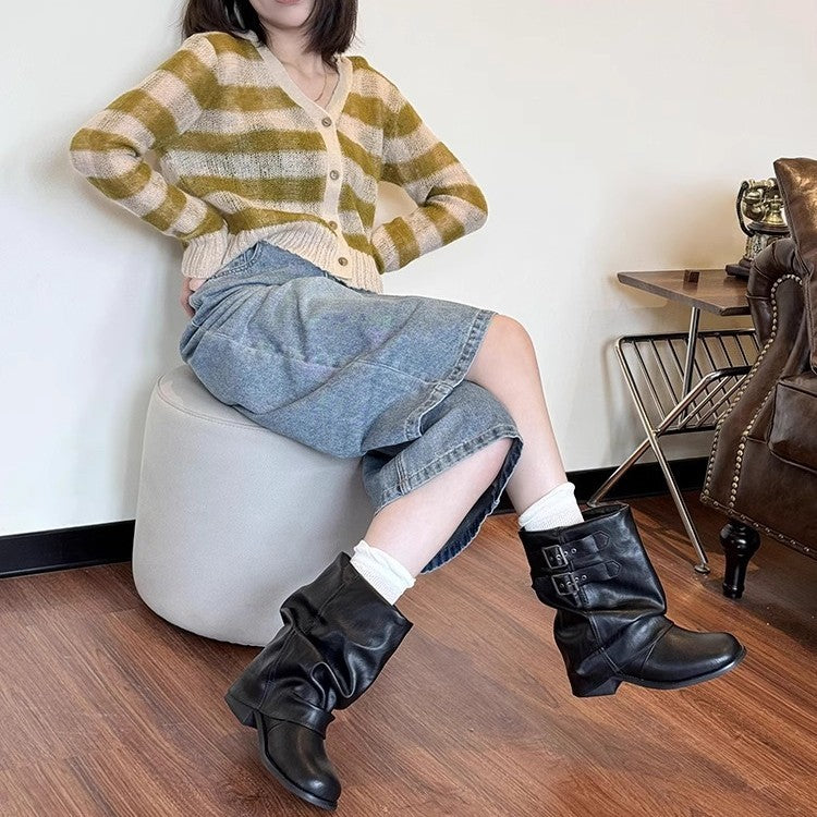 Genuine Leather Black Chunky-sole Ankle Boots