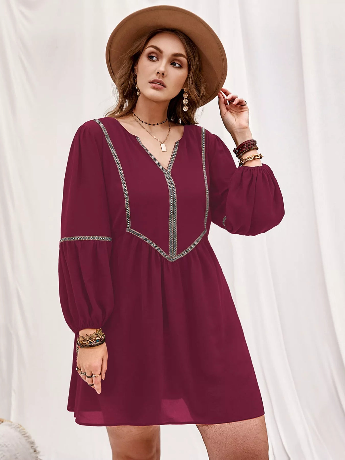 Plus Size Notched Balloon Sleeve Mini Dress